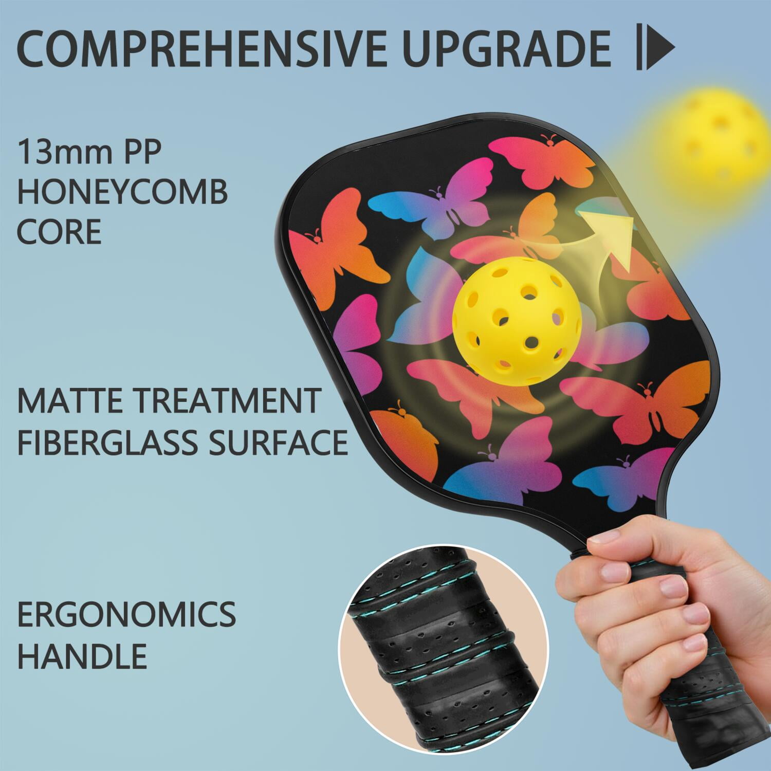 Pickleball Paddles Set Of 1, Fiberglass Surface, Butterfly Print, 1 Paddle, 2 Balls & Bag