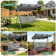 GVDV 3-Person Porch Swing, Outdoor Patio Swing with Adjustable Canopy and Steel Frame for Garden and Backyard, Grey