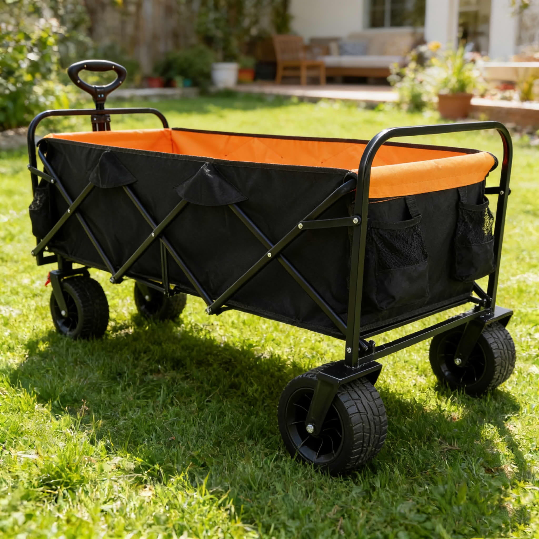 MAYEERTY Large Capacity Folding Wagon Cart, 150LBS Extender Brake Wheels, Black Orange for Garden Beach Shopping