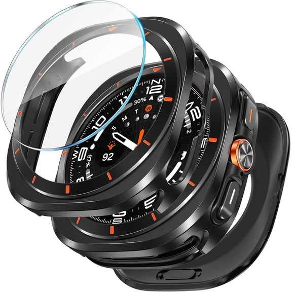 moogdieeo 3 in 1 Metal Case for Samsung Galaxy Watch Ultra/Ultra 2 Screen Protector 47mm, Stainless Steel Protective Bumper Face, Hard PC Back Cover and 9H Tempered Glass Film for 7 Ultra & 8 Ultra