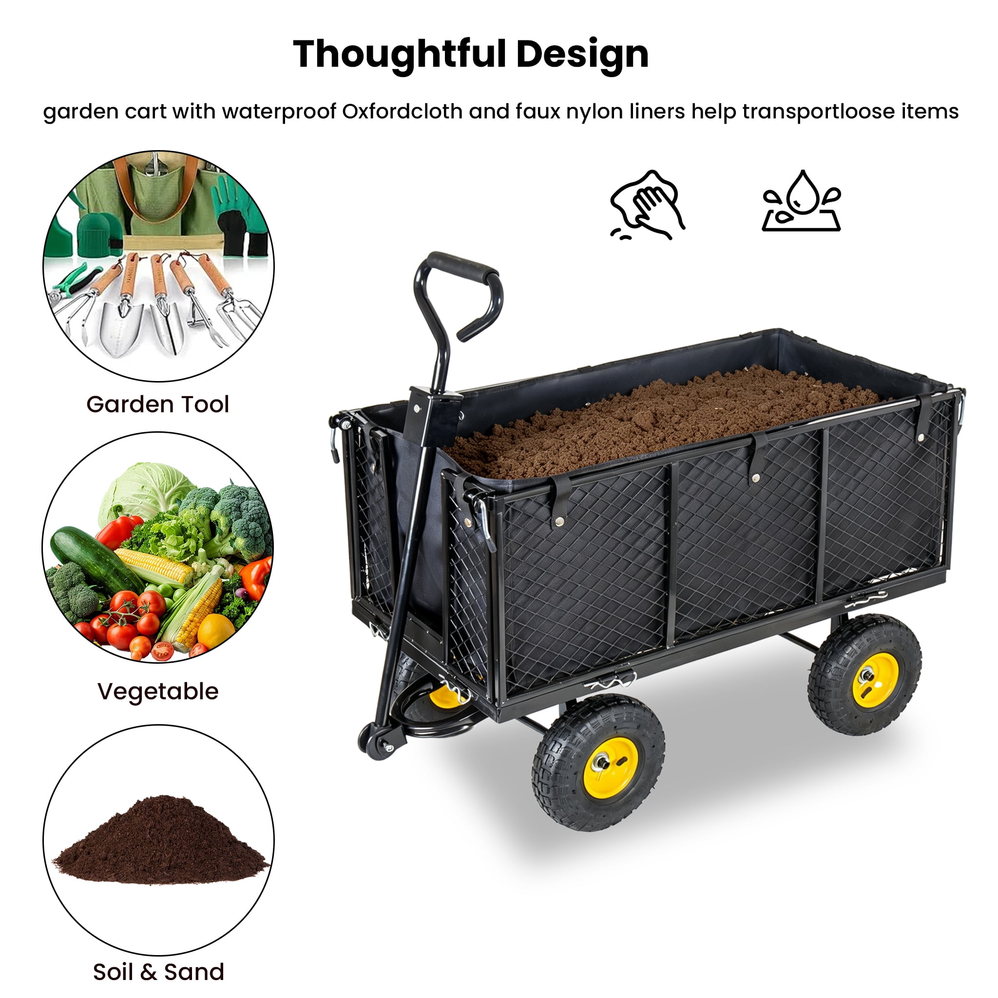 Steel Garden Cart, 3-in-1 Oversized 880 lbs Mesh Metal Pullable Cart with Removable Liner for Lawn Garden Backyard, Black
