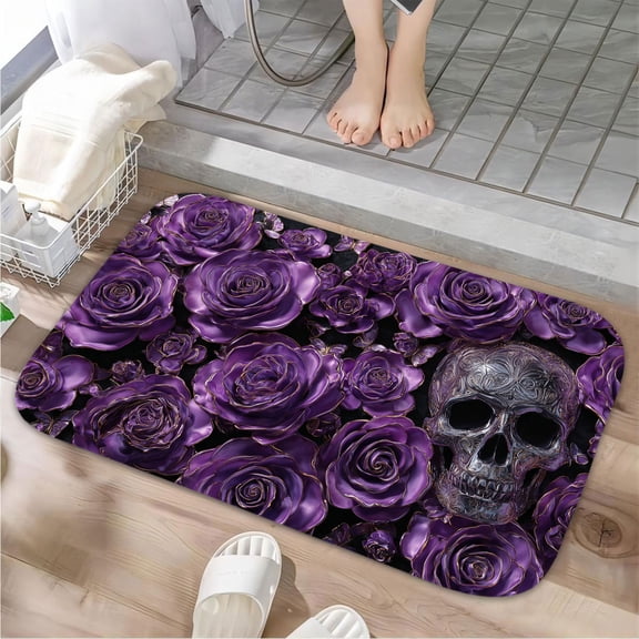 1pc Purple Roses and Silver Skull Absorbent Non-Slip Bathroom Thickened Flannel Rug Decor,Soft,Quick Drying,Suitable For Indoor/outdoor Use,Bathrooms,Bedrooms,Kitchens,Terrace,Laundry Rooms,16"x24"