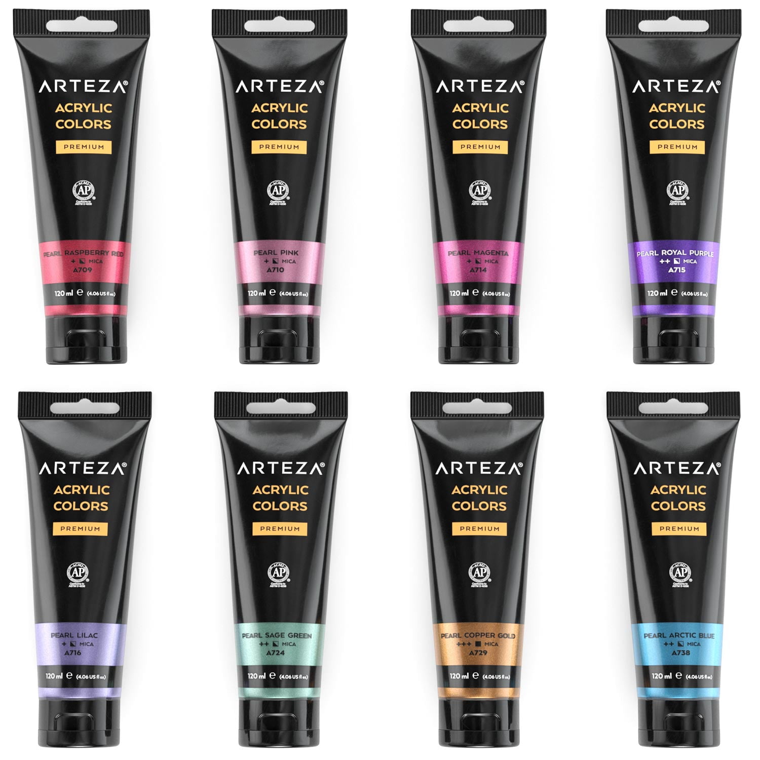 Arteza Acrylic Artist Paint, Metallic Finish, Multicolor, Set of 8, 120 mL