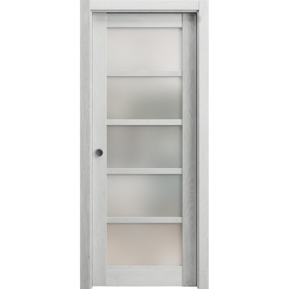 Sliding French Pocket Door 32 x 80 inches | Quadro 4002 Light Grey Oak with Frosted Glass | Kit Trims Rail Hardware | Solid Wood Interior Bedroom Sturdy Doors