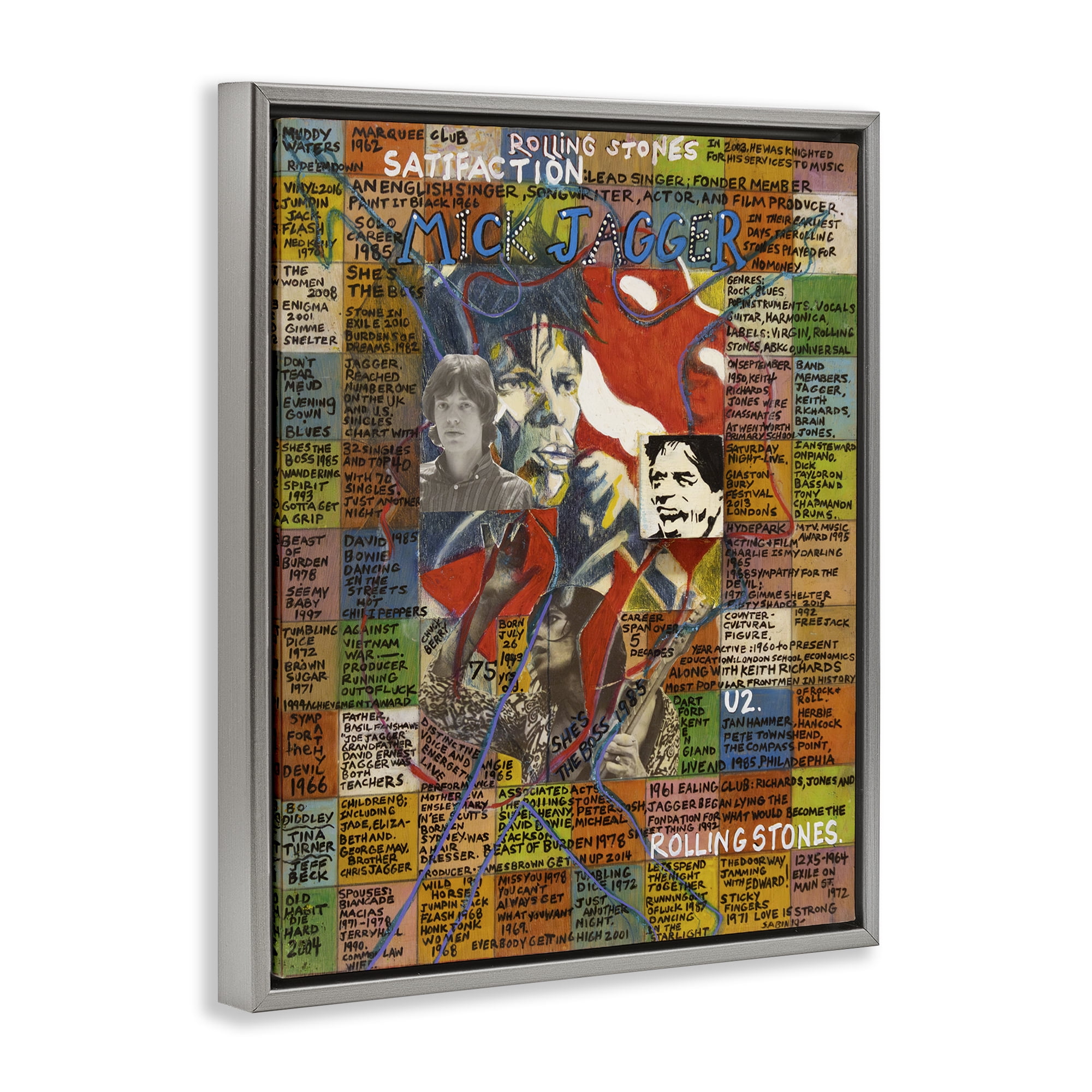 Stupell Industries Mick Jagger Collage People Drawing Gray Floater Framed Canvas Art Print Wall Art, 17 x 21