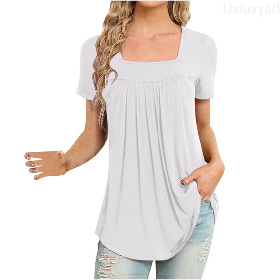Lixiuxyad Womens Tops Tunic Summer Square Neck Short Sleeve T Shirt Cute Tees Casual Dressy Blouse Loose Fit,Beige L