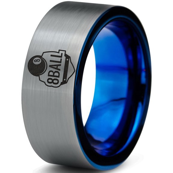 Tungsten 8-ball ring Band Ring 8mm Men Women Comfort Fit Blue Flat Cut Brushed Gray Polished