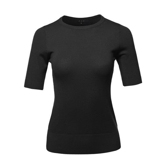 A2Y Women's Basic Casual Colorful 1/2 Sleeve Knit Pullover Sweator Top Black M
