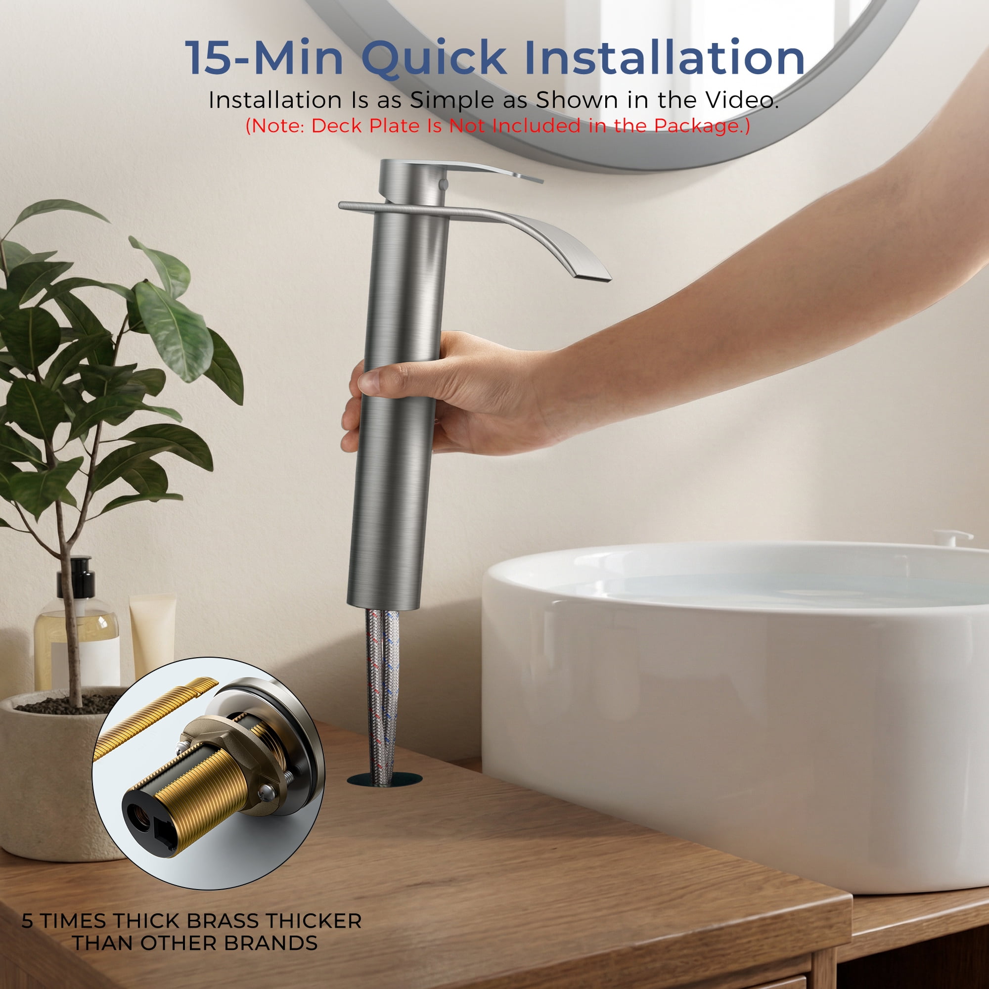 TVOFEK Tall Waterfall Bathroom Vessel Sink Faucet Single Handle, One Hole Brushed Nickel Bathroom Faucet with Metal Pop up Drain and cUPC Hoses, 11 inch Faucet for Basin Bath