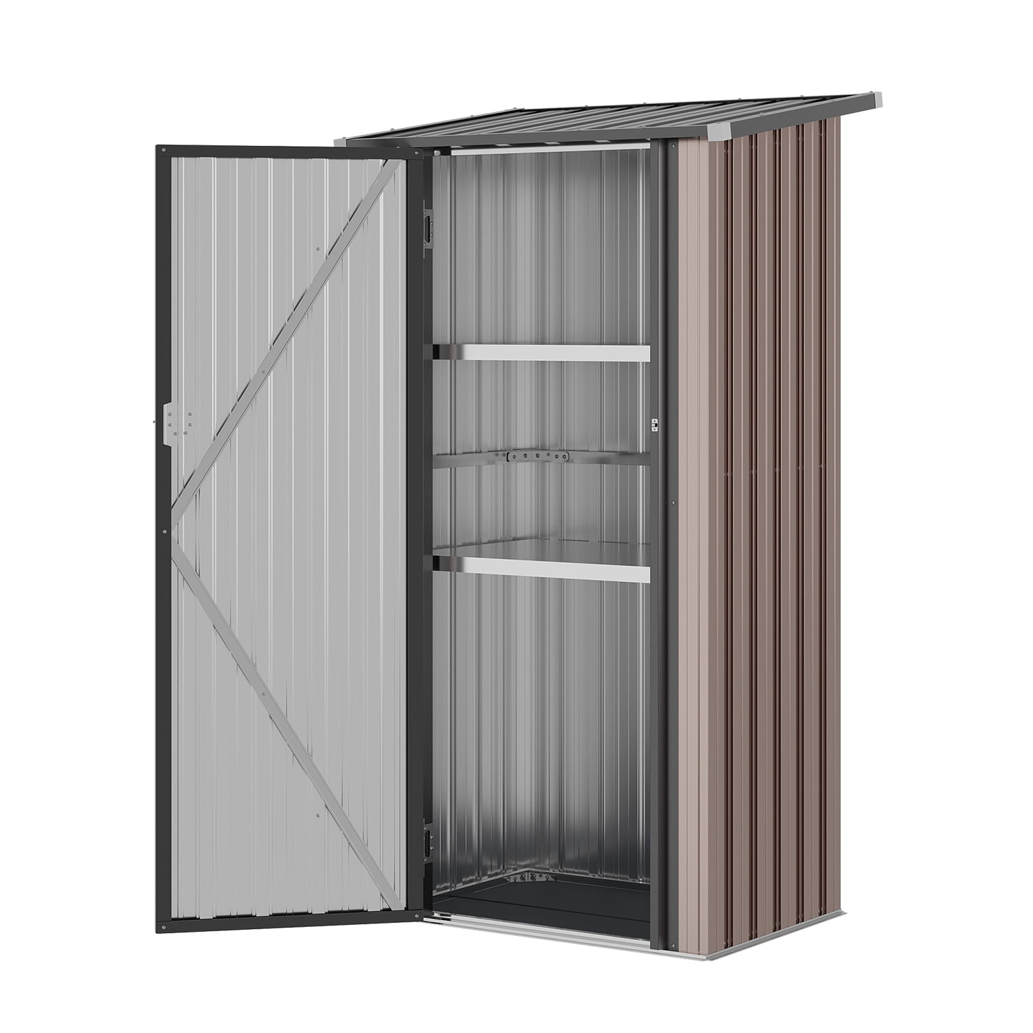 BaPiPro 3x3 ft Small Outdoor Storage Shed with Floor & 2 Metal Shelves, Metal Tool Shed with Lockable Door for Garden Storage, Storage Cabinet Brown