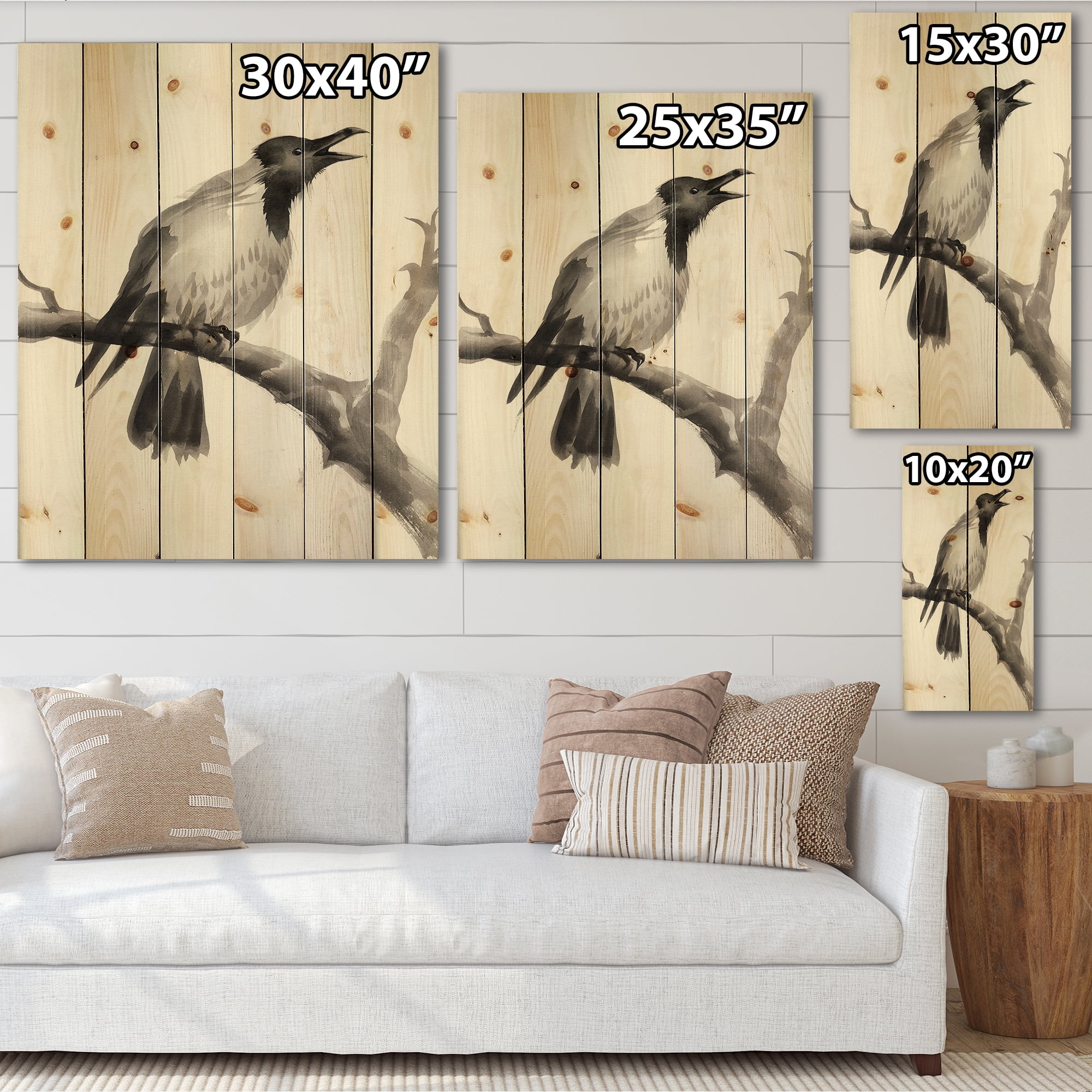 Designart 'Monochrome Crying Crow On A Branch' Traditional Print on Natural Pine Wood