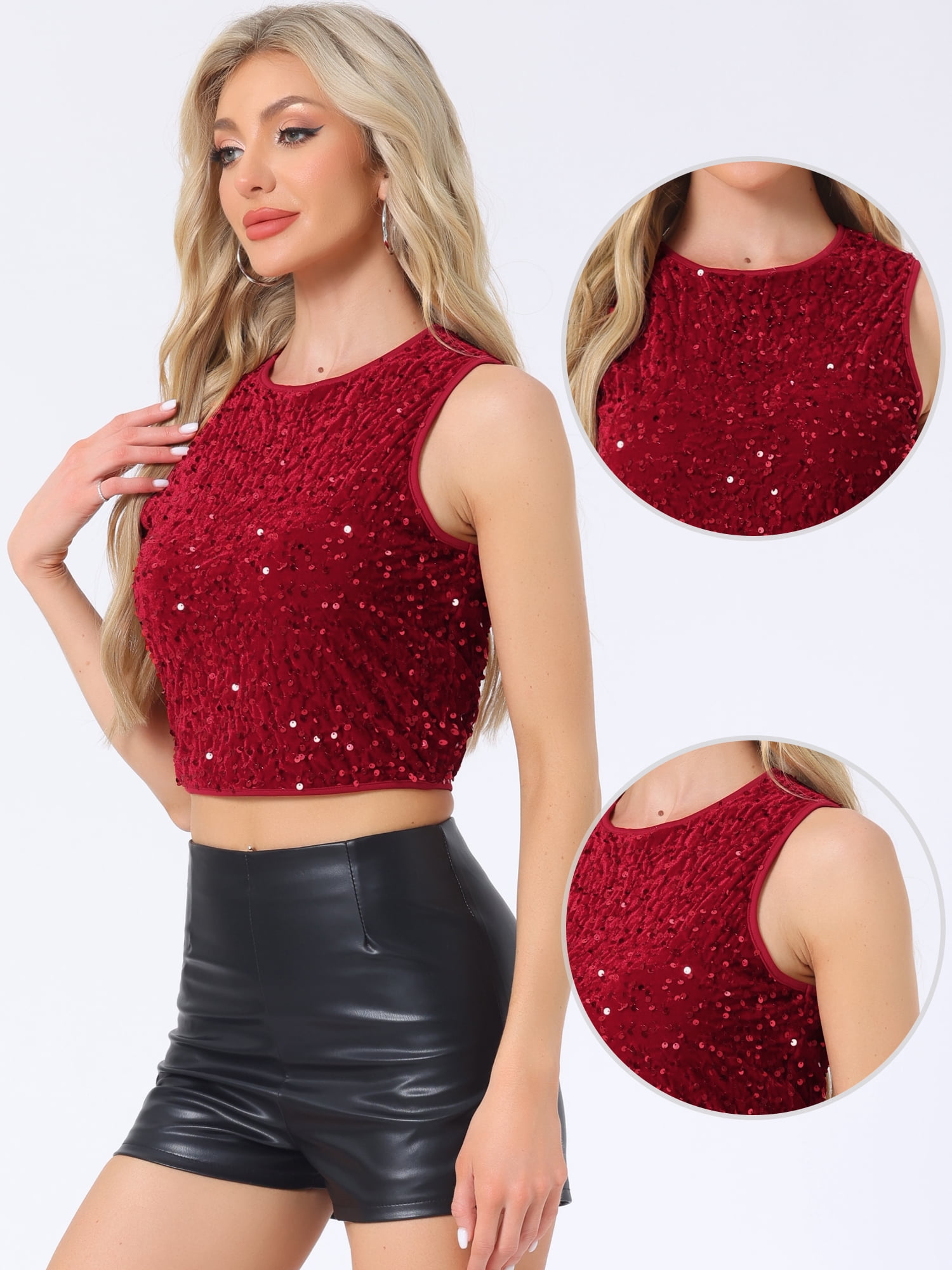 DARING DIVA Women's Sparkle Glitter Sleeveless Club Crop Tank Top XL Red