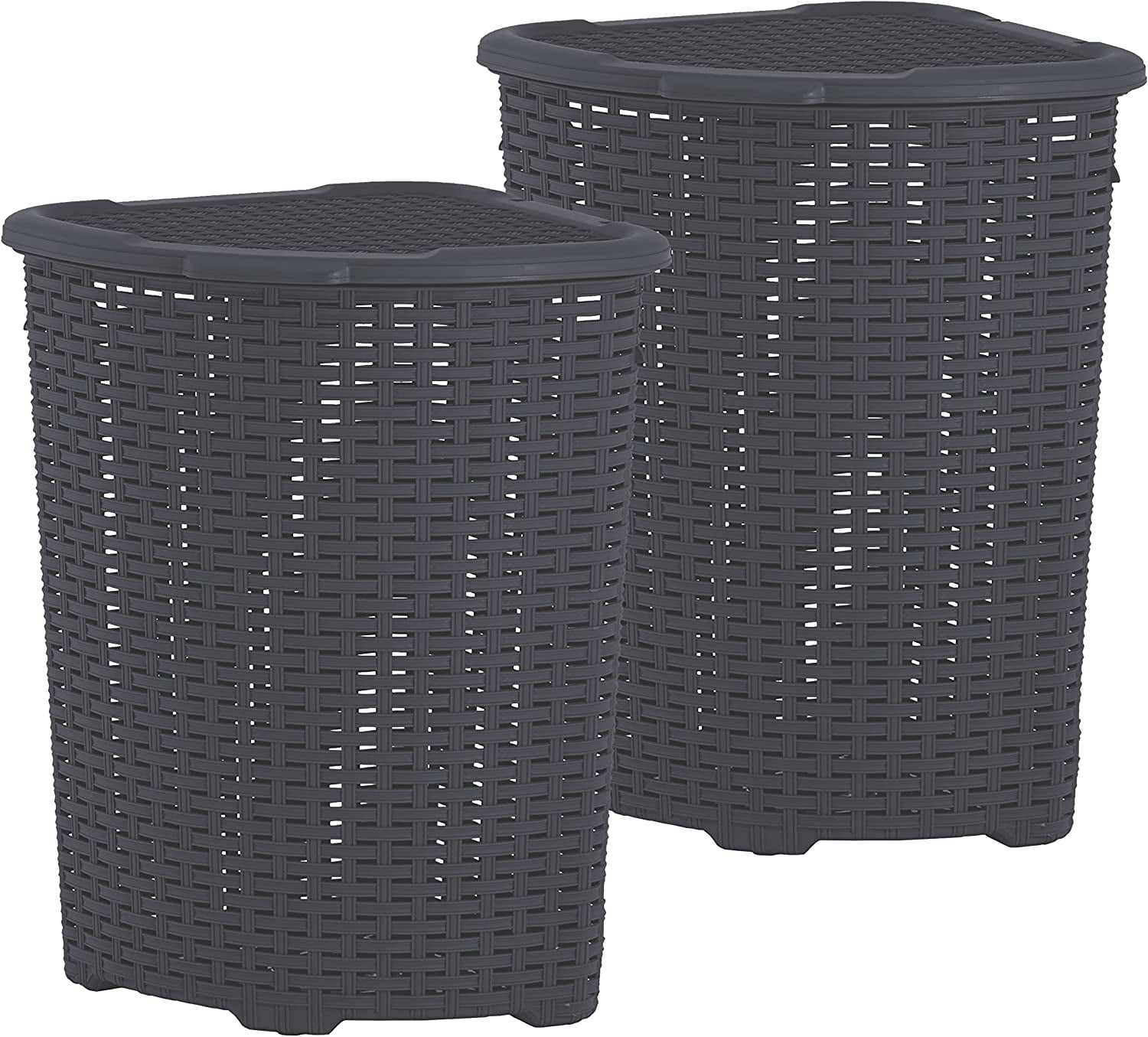 Superio 50L Wicker Plastic Corner Laundry Hamper with Lid Grey (2 Pack)