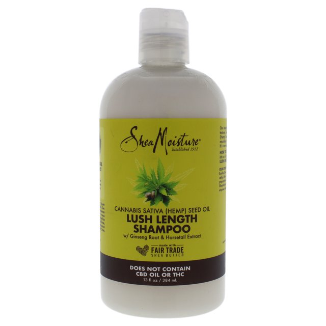 champú SheaMoisture importado con aceite de semilla de cannabis sativa y extracto de cola de caballo; botella frontal centrada, etiqueta amarilla con logotipo SheaMoisture y texto 'Lush Length Shampoo', nota 'Does not contain CBD oil or THC', envase blanco con tapa dosificadora; también apto como limpiador suave para brochas de maquillaje.