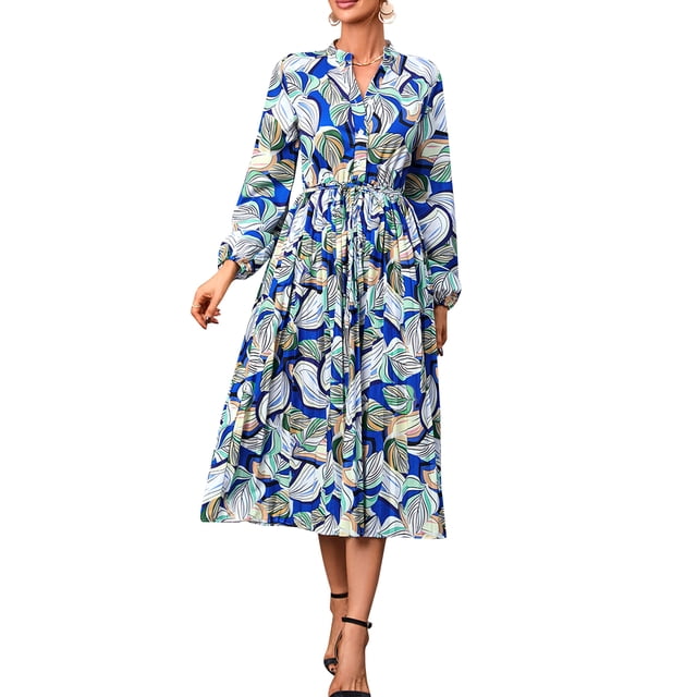 Vestido de manga larga para mujer Vestido plisado con cinturón elástico en la cintura para vaca Irfora Vestido