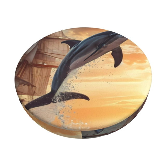 Disketp Sailing Dancing Dolphin Funda Redonda para Taburete, Funda de Cojín para Silla de Bar Suave y Elástica-12 inch