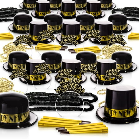 Windy City Novelties New Year's Eve 2026 250 Piece Set - Gold Showboat Party Kit for 100 Guests - with Hats, Tiaras, Horns, Bead Necklaces & Leis