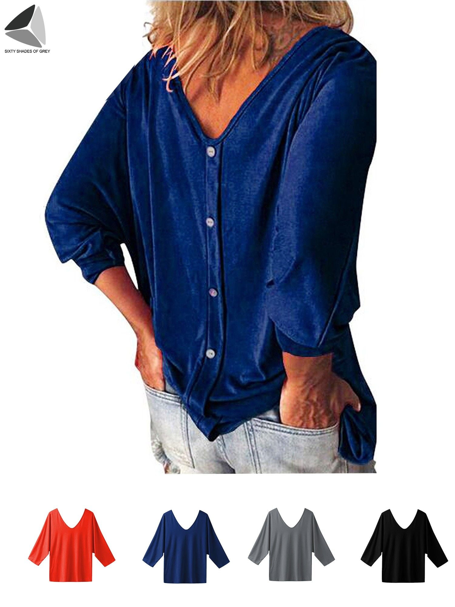 Sixtyshades Women Plus Casual Tops 3/4 Sleeve V Neck Button Down Shirts ...