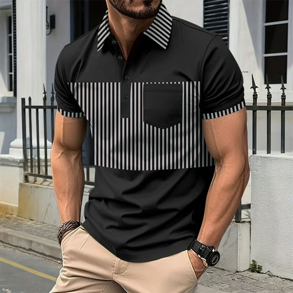 POTETI Short Sleeve Polo Shirts for Men Collared Casual Shirts Striped Loose Tops