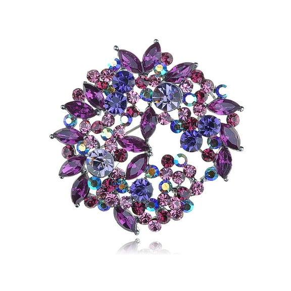 Beautiful Fuchsia Violet Purple Crystal Rhinestone Wreath Floral Leaf Pin Brooch
