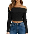 thumbnail image 2 of Rhuody Summer Tops For Womens Crewneck Tee Autumn Off Shoulder Long Sleeve Slim Fit T Shirt Wear Date Night T Shirt Trend Clothing Black Xl, 2 of 6