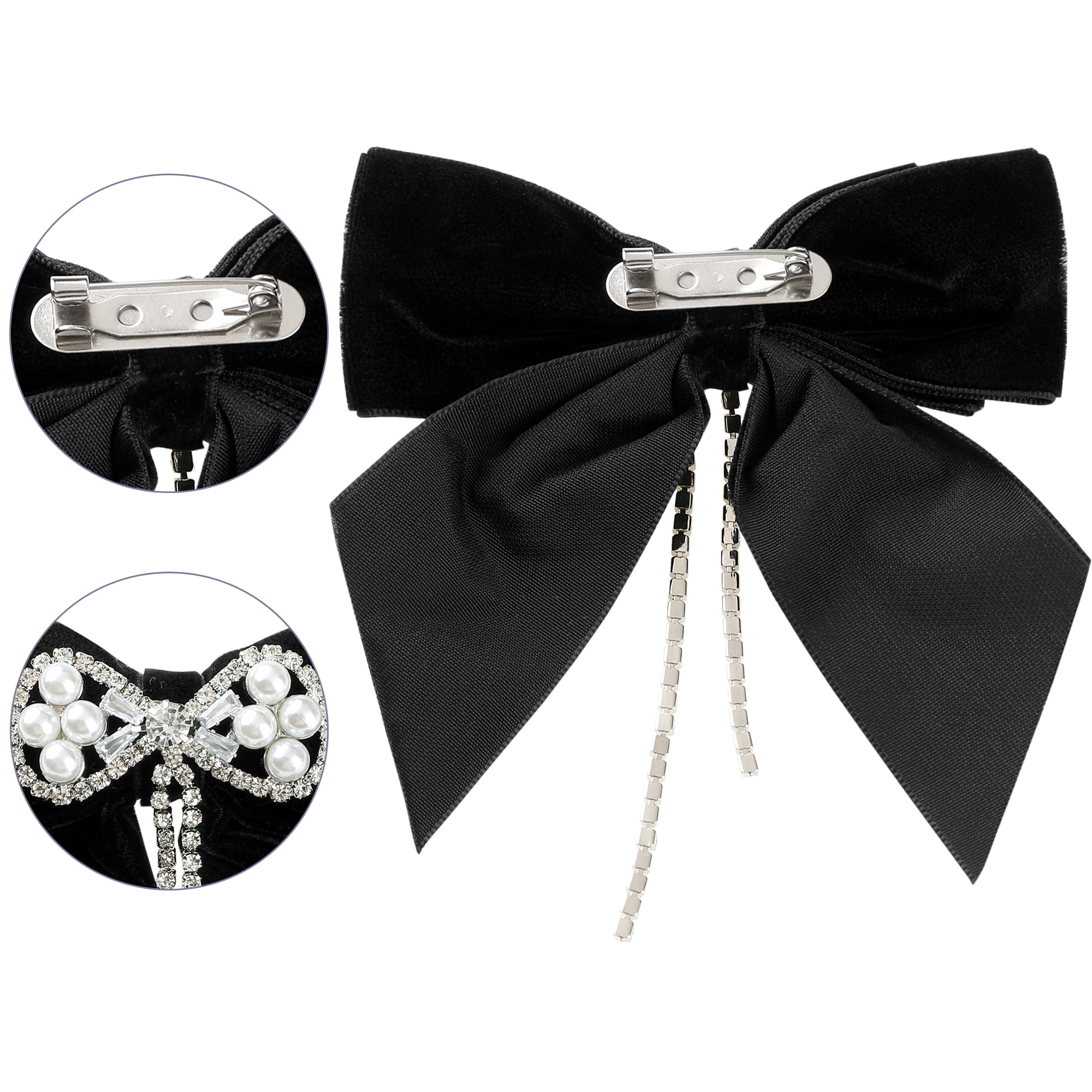 DARING DIVA Women's Velvet Faux Pearl Rhinestone Bow Tie Black