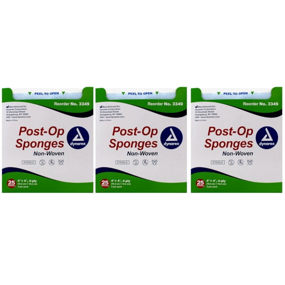 3 Pack Dynarex Gauze Post-Op Sponges Sterile 4" X 4", 4-Ply, Count: 25 x 2 Each