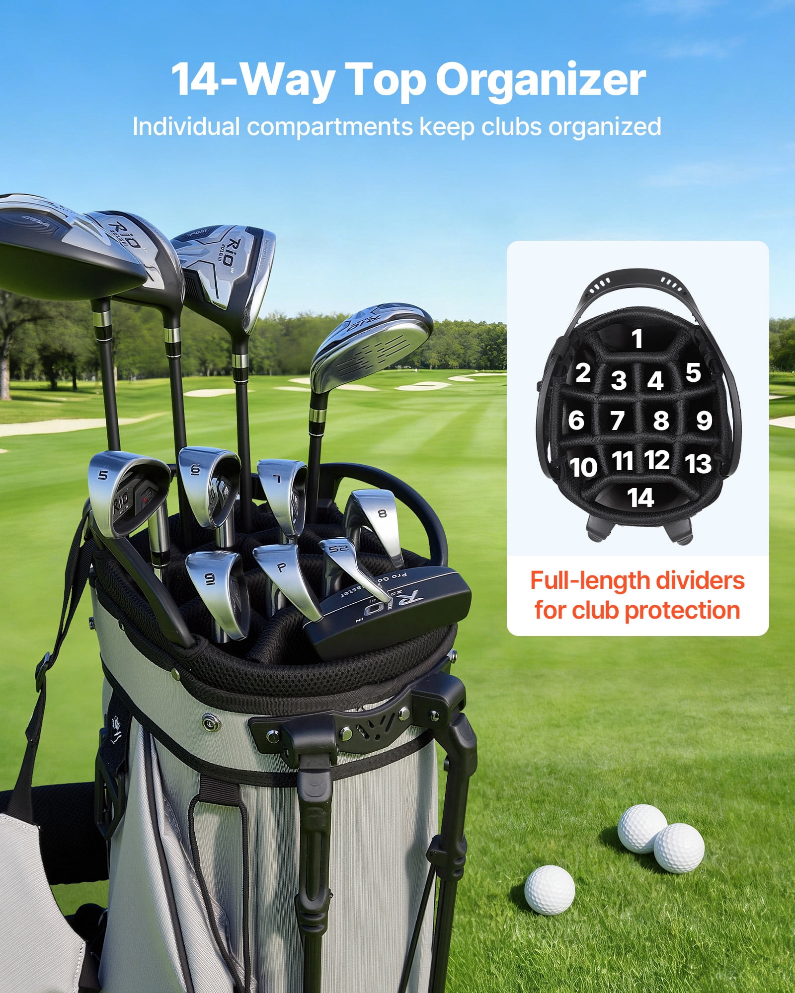 VEVOR Golf Cart Bag, 14 Way Top Divider Organizer, 2-in-1 Golf Club Bag with Full-length Divider, Dual Shoulder Straps, Support Legs, Rain Hood, Storage Pockets, Lightweight Polyester for Men & Women