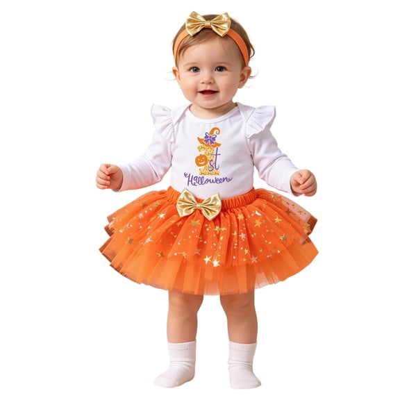 Toddler Girl Halloween Dresses, Halloween Pumpkin Witch Print Baby Romper Girls Adorable Orange Bodysuit Pompom Skirt Toddler Outfit Set, Halloween Gifts