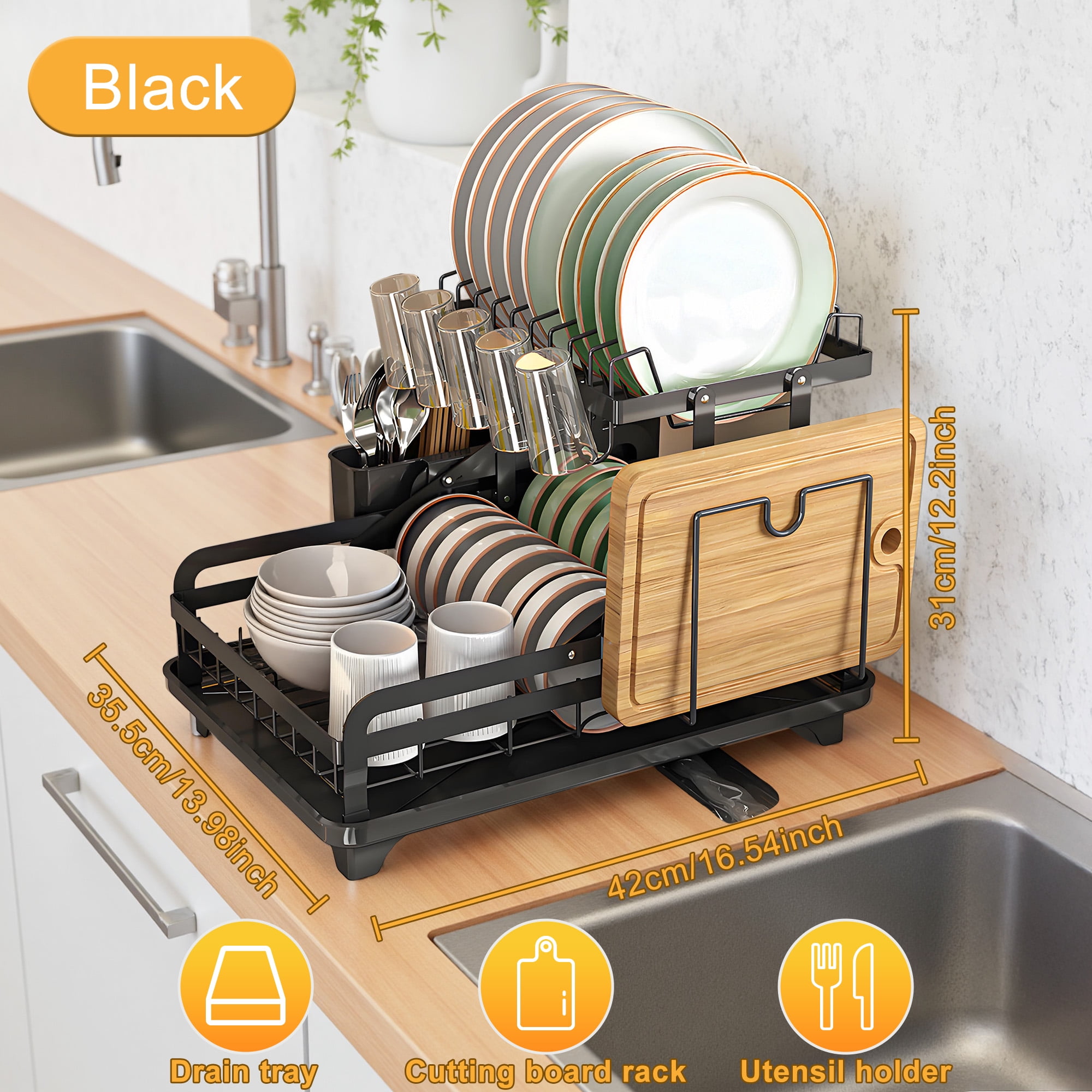 2-Tier Dish Drying Rack,Carbon Steel Dish Rack with Cutlery Holder for Kitchen Counter,Black