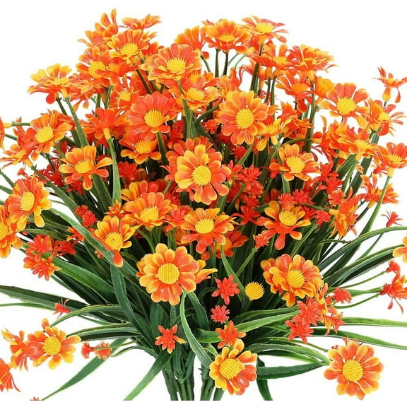 Sinhoon Artificial Daisies Flowers Outdoor UV Resistant 4 Bundles Fake Faux Plants Shrubs Plastic Bushes for Hanging Planter Indoor Outside Decor (Orange Red)