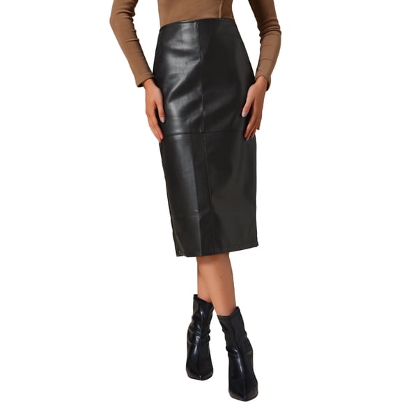 INSPIRE CHIC Women's PU Leather Midi Skirts High Waist Split Back Bodycon Pencil Skirt L Black