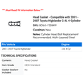 thumbnail image 2 of Head Gasket - Compatible with 2001 - 2007 Toyota Highlander 2.4L 4-Cylinder 2002 2003 2004 2005 2006, 2 of 2