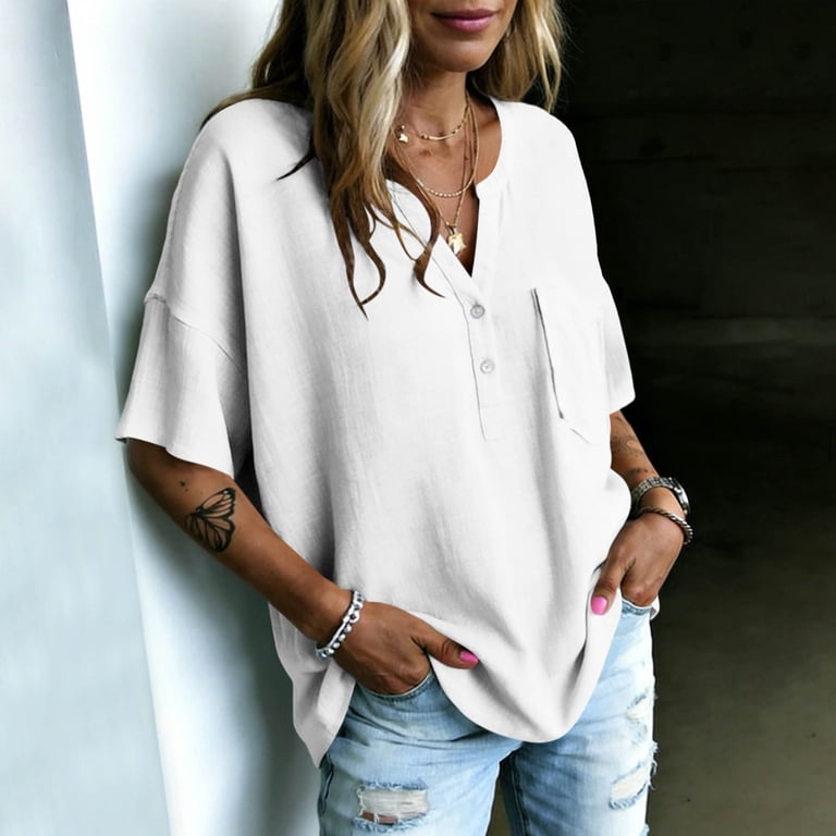 Bosfbaoi Womens Blouse Split Neck Henley Oversized Short Sleeve