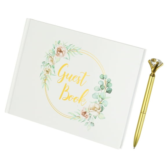 Guest Book, Wedding Guest Sign Book Reception Signature Book Party Decorations Supplies with Diamond Pen for Birthday Bridal Shower, Gold Ring