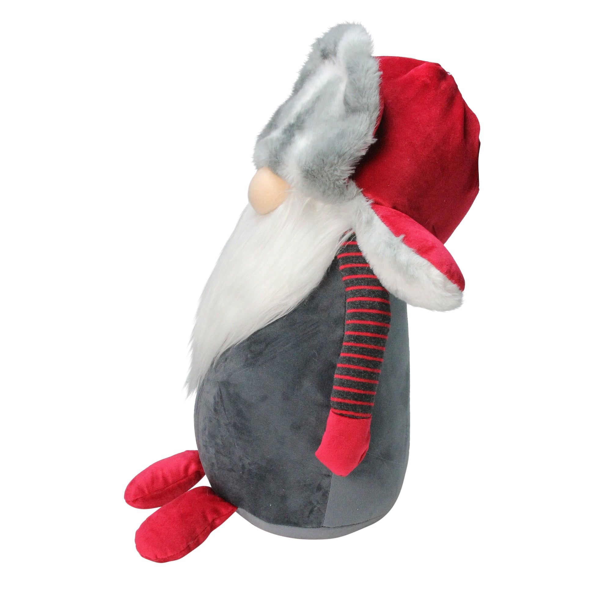 Northlight Gnome with Fur Trapper Hat and Striped Arms Christmas Figure - 14" - Grey and Red