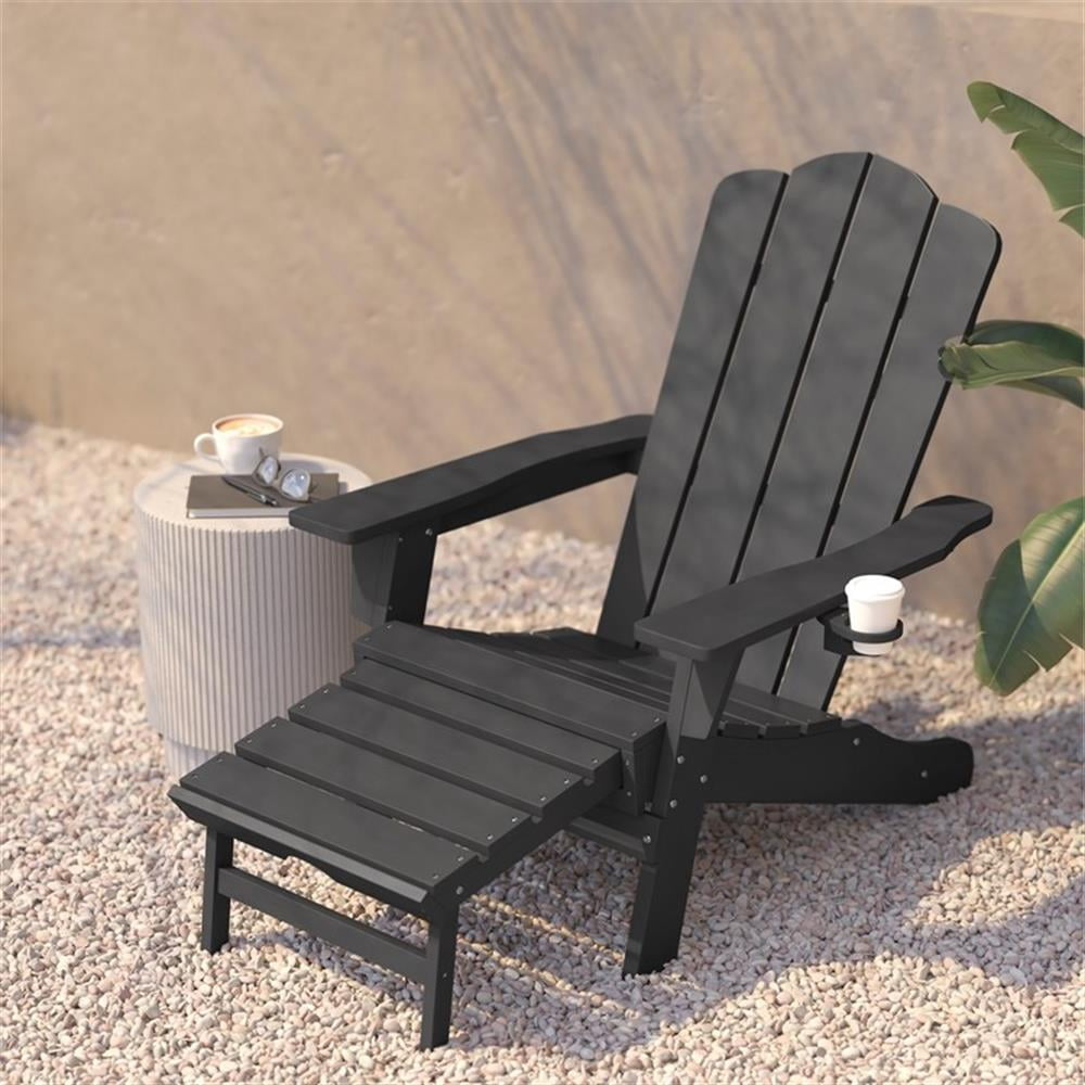 Pemberly Row Adirondack Chair with Pullout Ottoman & Cupholder in Gray