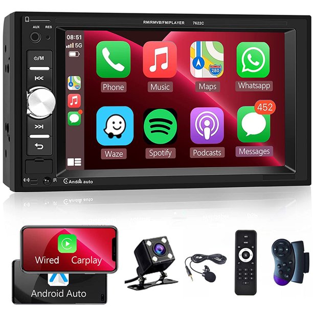 Podofo Radio Estéreo para Automóvil Doble 2 Din de 6,2 Pulgadas con Pantalla Táctil HD, Reproductor MP5, Bluetooth, Enlace de Espejo, USB, con Cámara de Visión Trasera, Apple Carplay y Android Auto