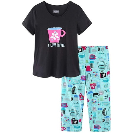 

Women Cotton Pajamas Set Short Sleeve Top Capri Pants Sleepwear Plus Size S-3XL