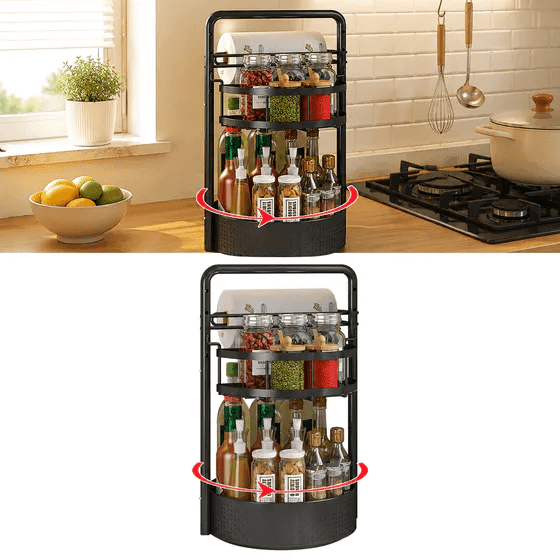2 Tier Rotating Lazy Susan Spice Rack with Built-in Paper Towel Holder, Metal Seasoning Organizer for Kitchen Counter & Cabinet