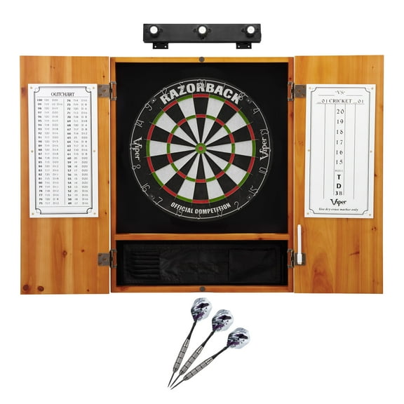 Viper Razorback Sisal Dartboard, Metropolitan Oak Cabinet, Underground The Raven Steel Tip Darts & Shadow Buster Dartboard Lights