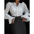 thumbnail image 4 of Womens Blouse Shirt Straw Yellow Solid Color Shirred Cuff V Neck Blouse Trendy 2024 Fall Winter Clothes White L, 4 of 6