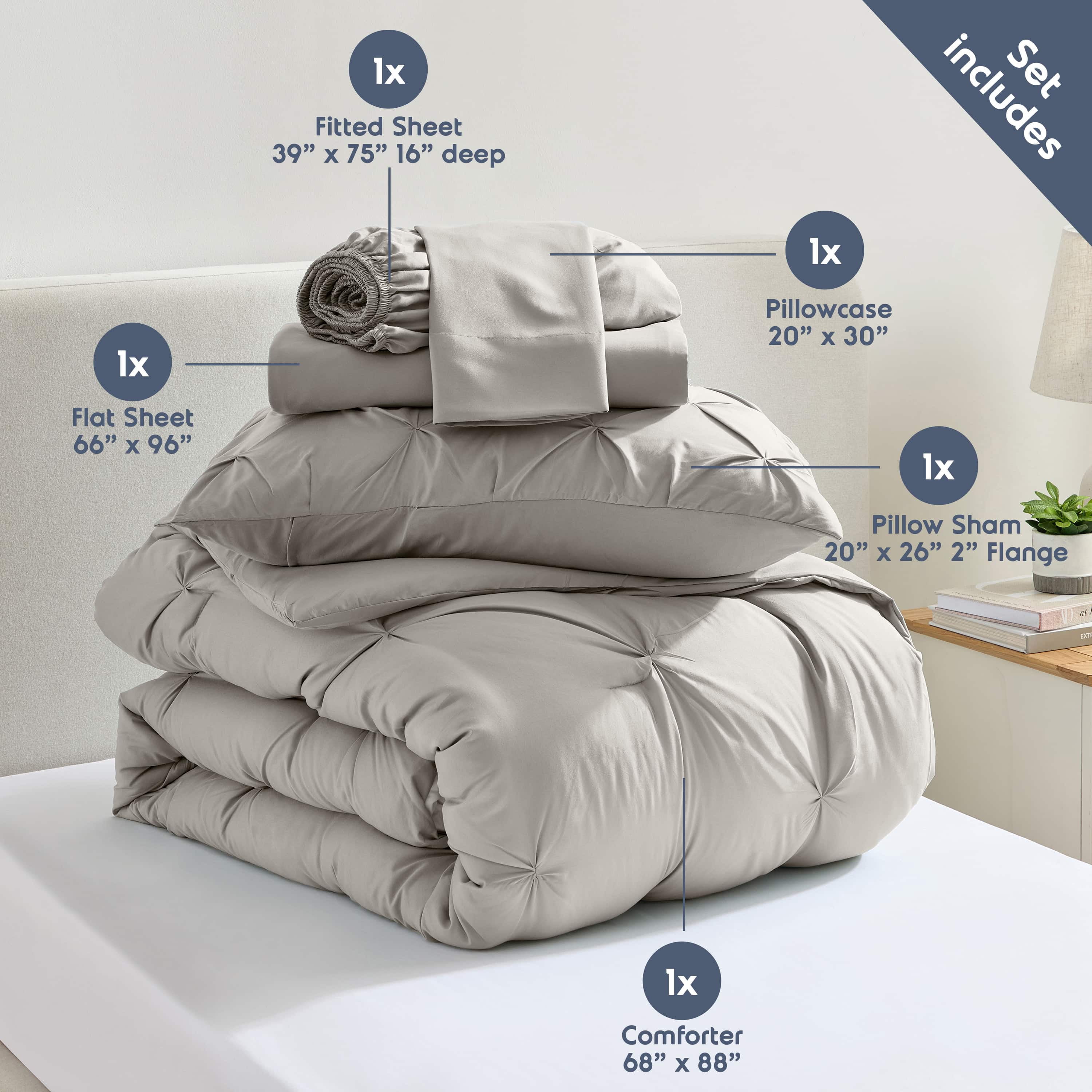 LammaLoe Twin Comforter Sets, 5 Piece Bed In A Bag Pintuck Bedding Sets, linen