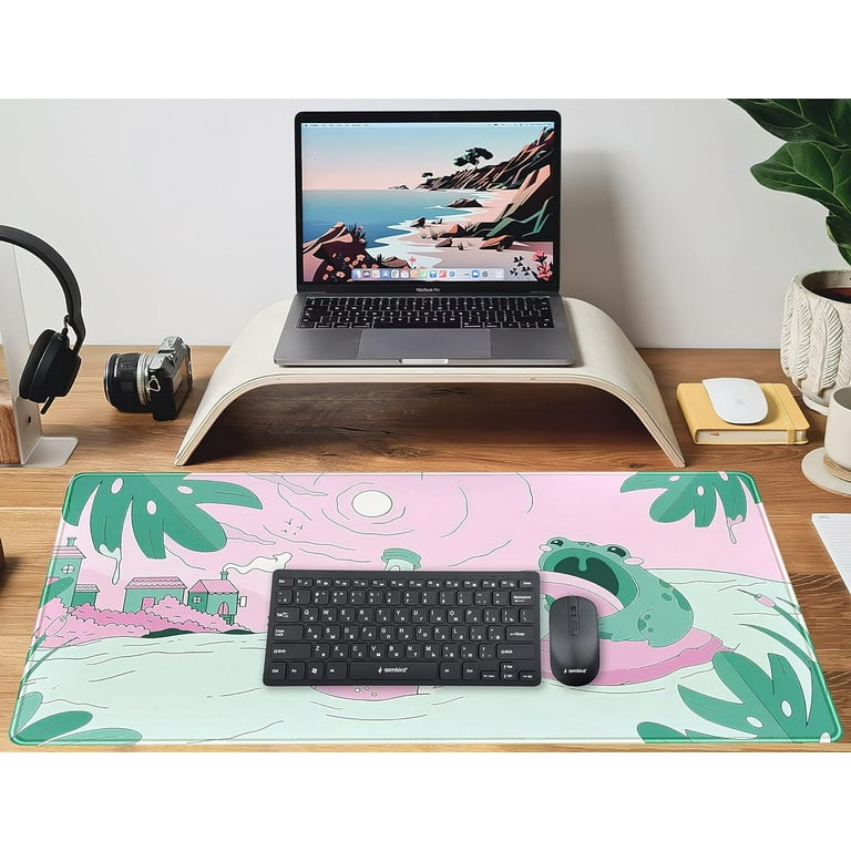 Groene bureaumat, XL, kat, schattig, plant, cool, bureau, mat, toetsenbordmat, kawaii, zwarte kat, bloem, muismat, groene bureaumat, bureaudecoratie met gestikte randen, antislip, grote computermat