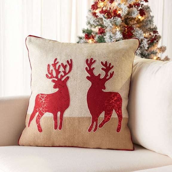 SAFAVIEH Holiday Reindeer Pillow, 20" x 20", Natural