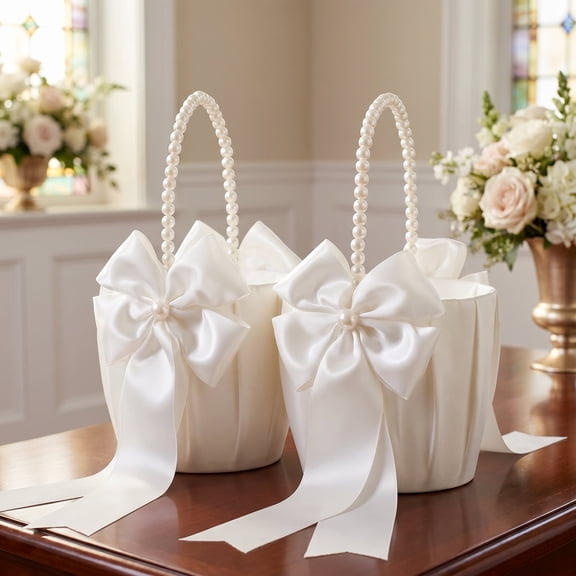 Flower Girl Baskets for Wedding, Ivory Flower Girl Basket With Pearl Handle Set of 2, Wedding Baskets for Flower Girls