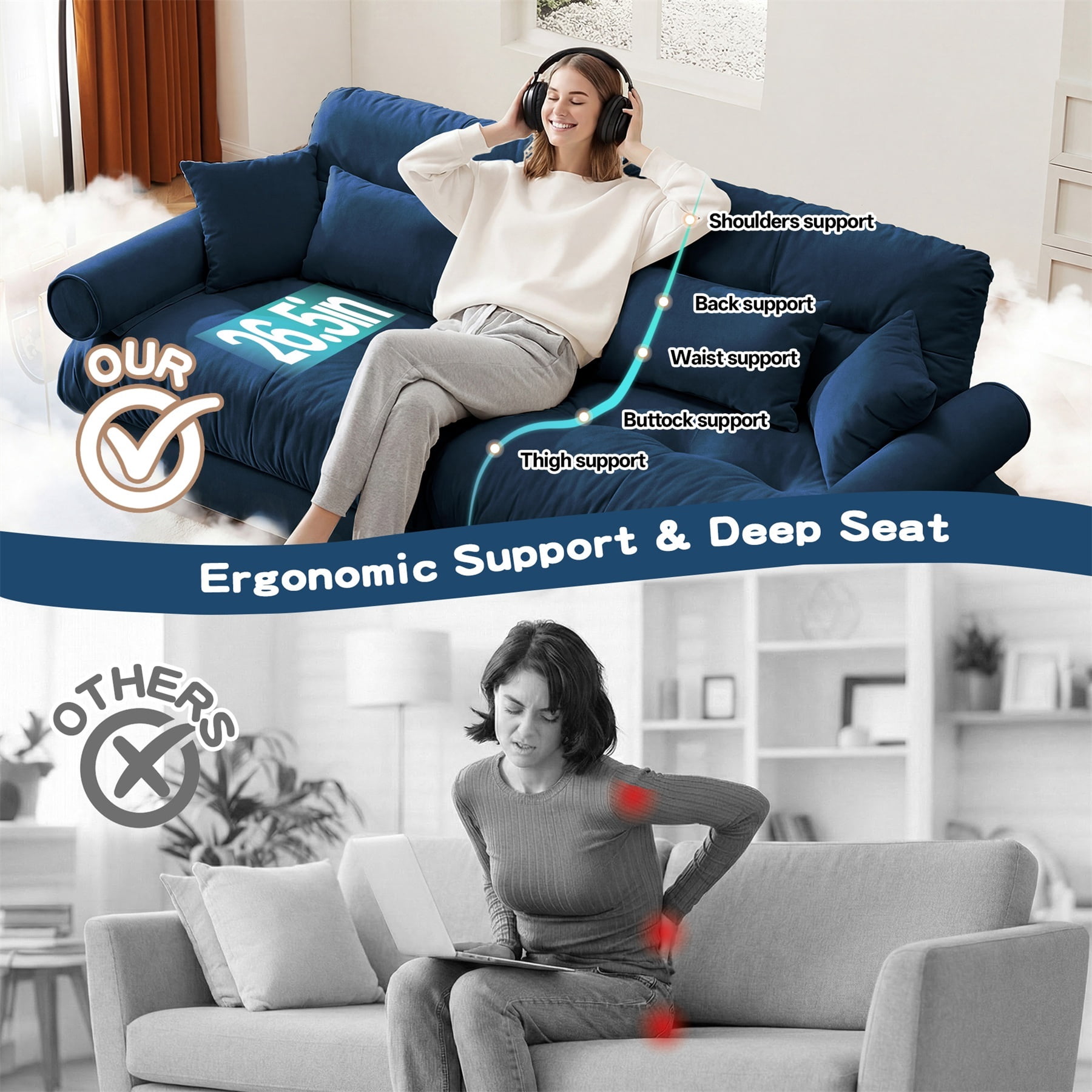 Alvantor L-Shaped Sectional Sofa 3-Seater Velvet Sofa Couch with Bolstered Armrests for Living Room, Easy Assembly Blue