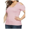 thumbnail image 3 of TWZH Women Summer T-shirt U Neck Solid Color Cold Shoulder Tees Slim Fit Tops, 3 of 4