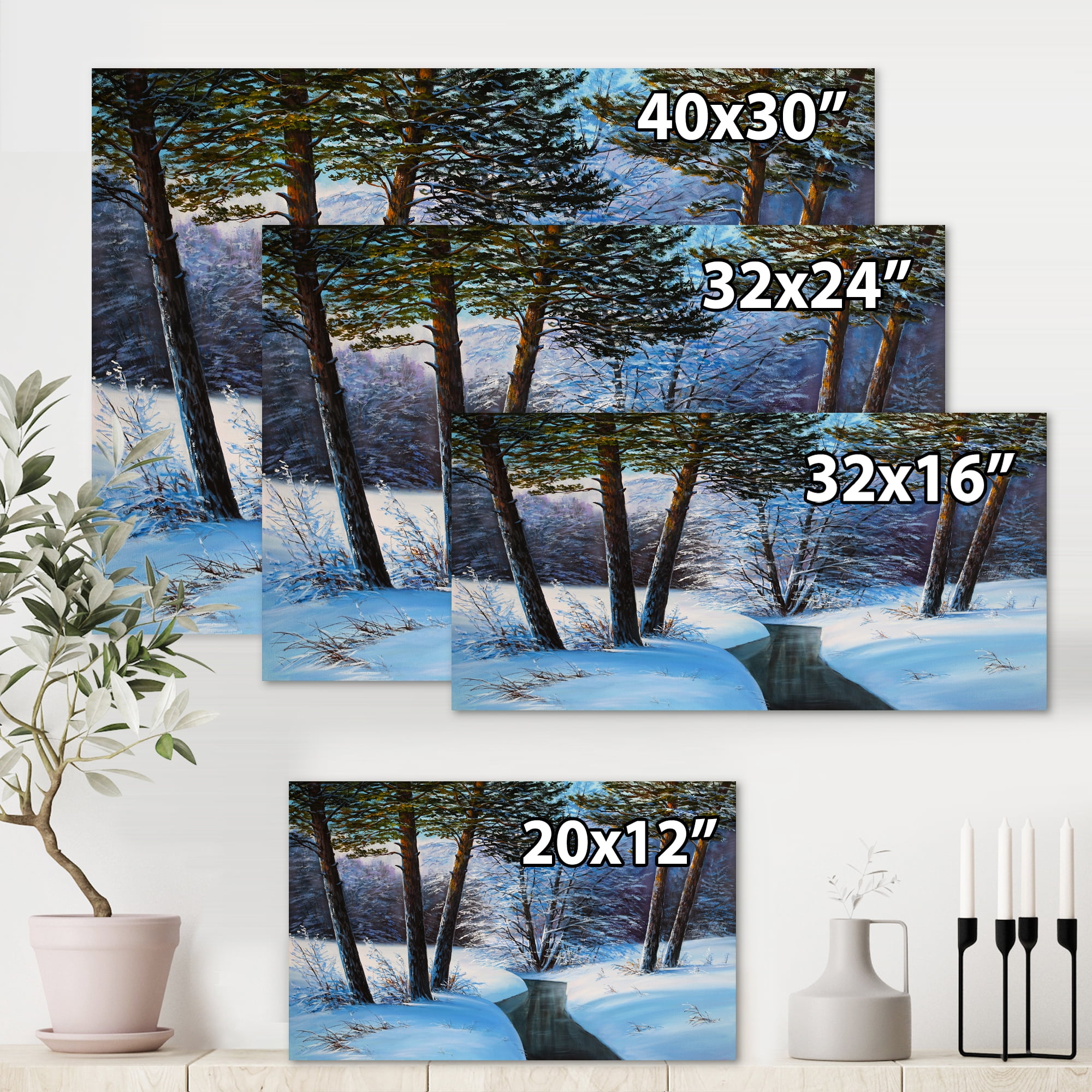 Designart ' Christmas Forest With Trees and River III ' Traditional Canvas Wall Art Print