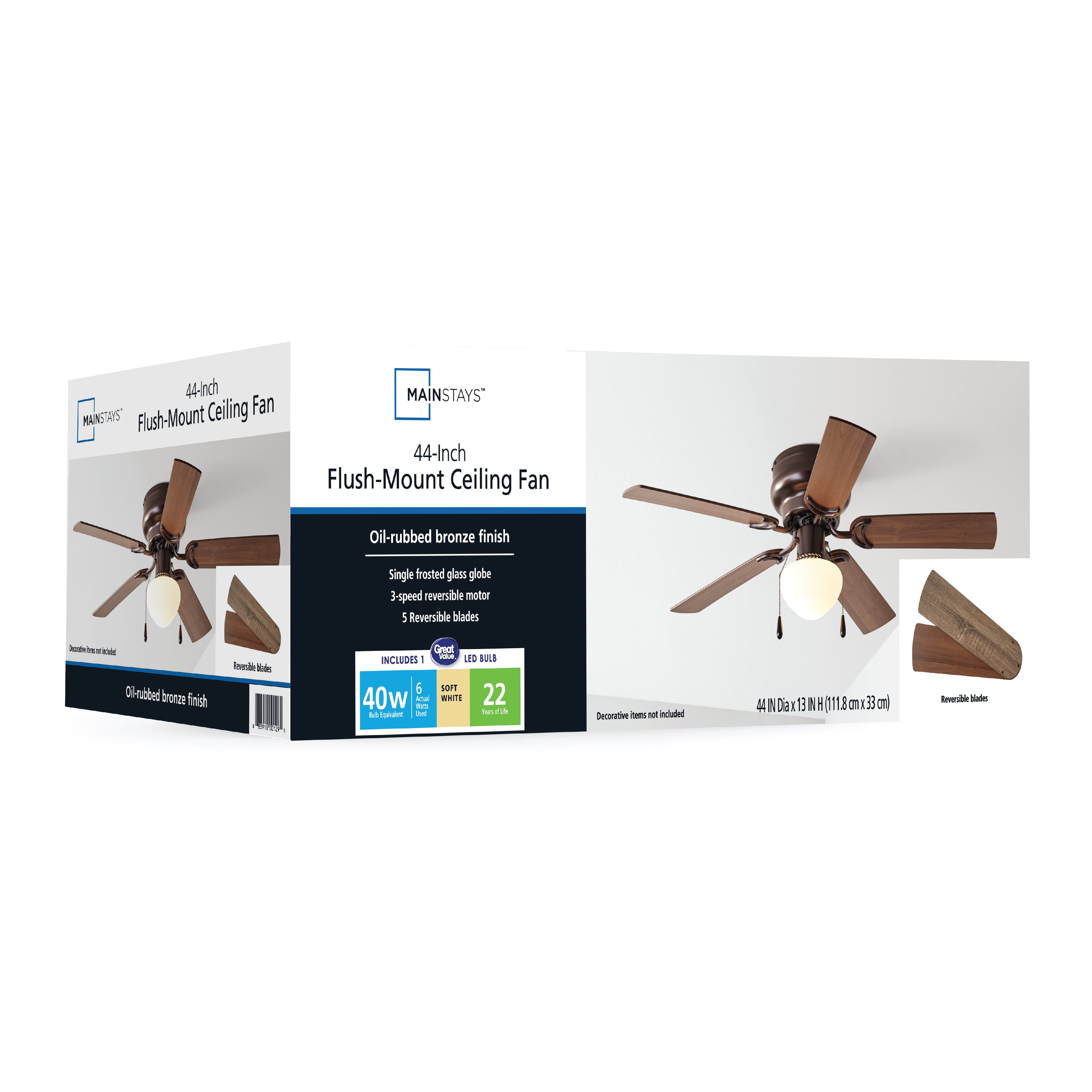 Mainstays 44 inch Hugger Indoor Ceiling Fan with Light Kit, Bronze, 5 Blades, Reverse Airflow